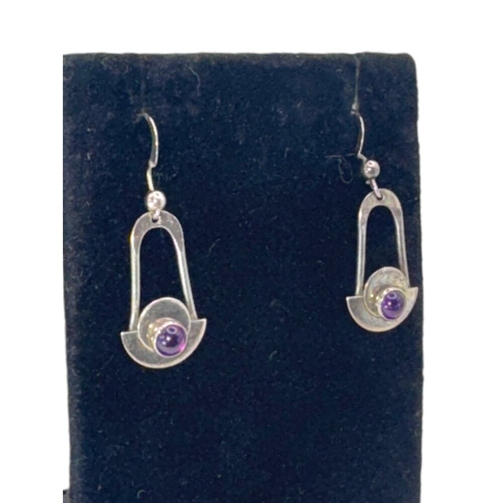 Vintage Sterling Silver & Amethyst Earrings Modernist Design - Picture 6 of 7